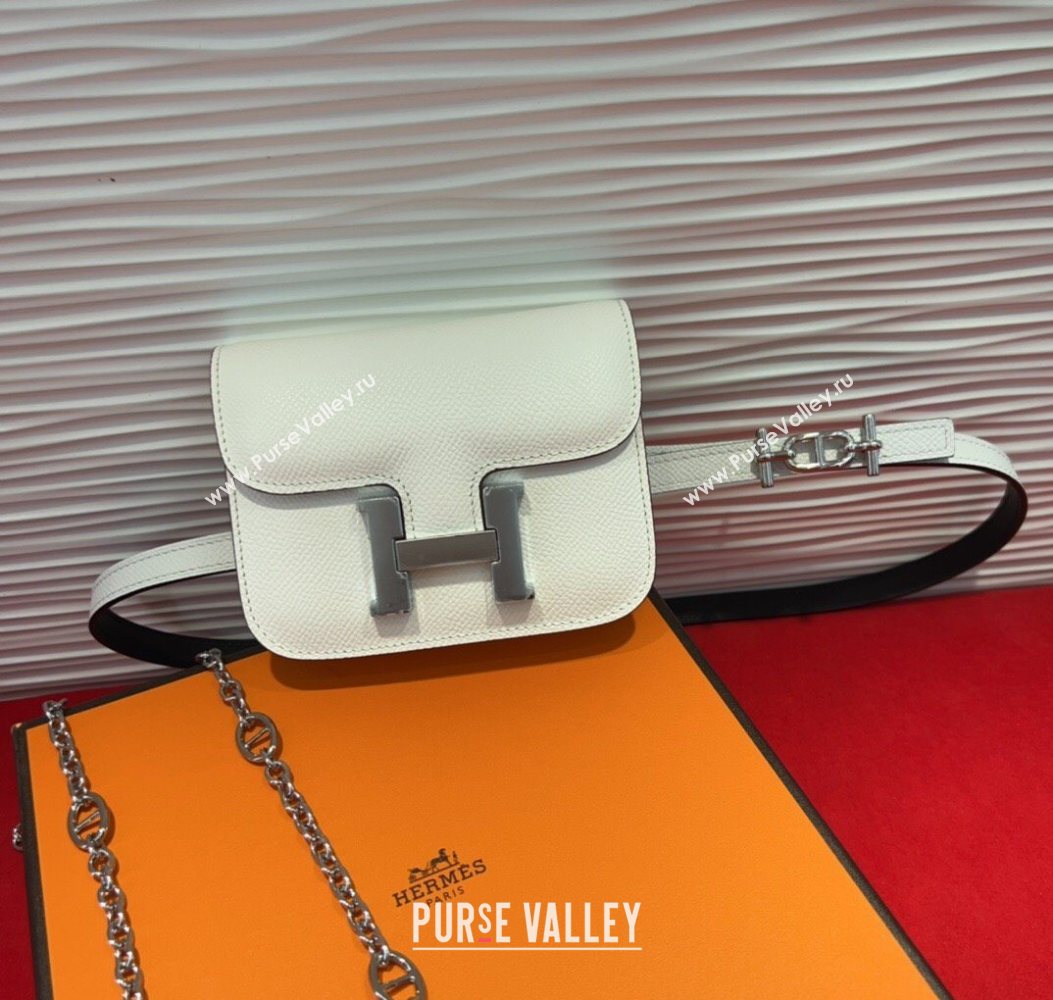 Hermes Constance Slim Pouch Belt 1.5cm in Grained Calfskin with dAncre Buckle White 2025 H072405 (99-250724142)