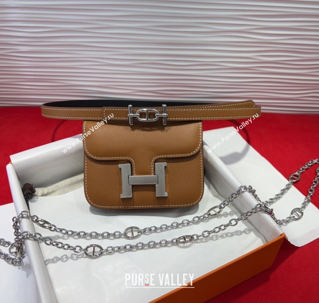 Hermes Constance Slim Pouch Belt 1.5cm in Grained Calfskin with dAncre Buckle Brown 2025 H072405 (99-250724143)
