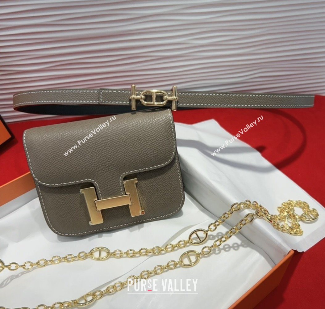Hermes Constance Slim Pouch Belt 1.5cm in Grained Calfskin with dAncre Buckle Grey 2025 H072406 (99-250724144)