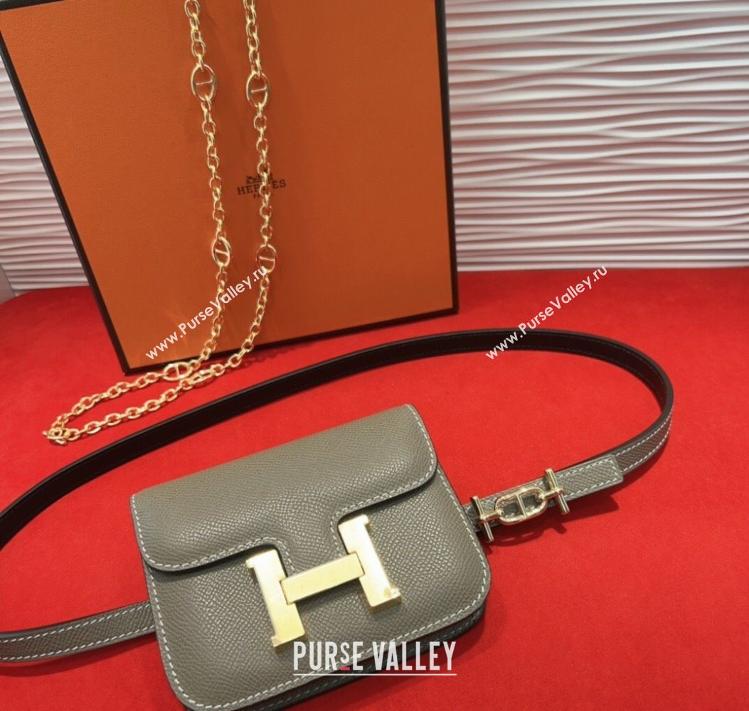 Hermes Constance Slim Pouch Belt 1.5cm in Grained Calfskin with dAncre Buckle Grey 2025 H072406 (99-250724144)