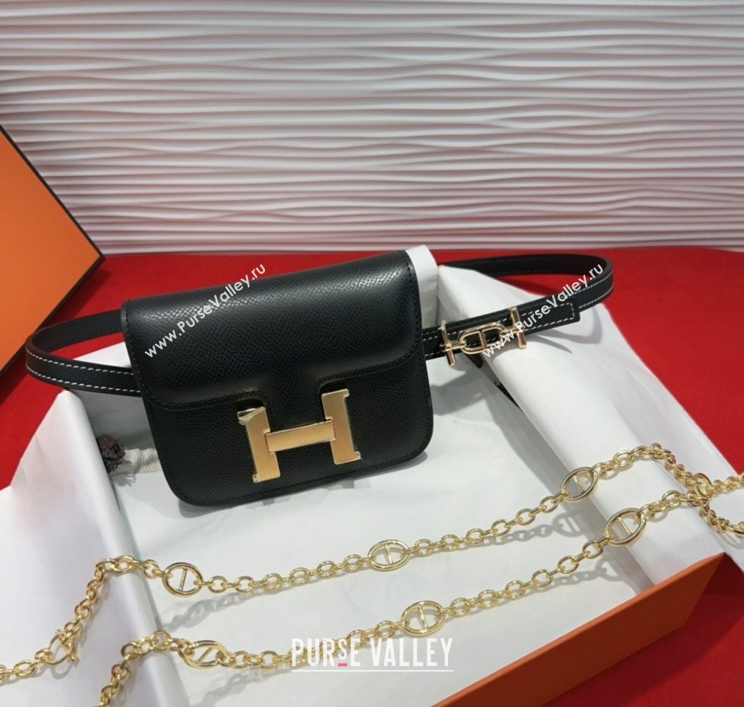 Hermes Constance Slim Pouch Belt 1.5cm in Grained Calfskin with dAncre Buckle Black 2025 H072406 (99-250724146)