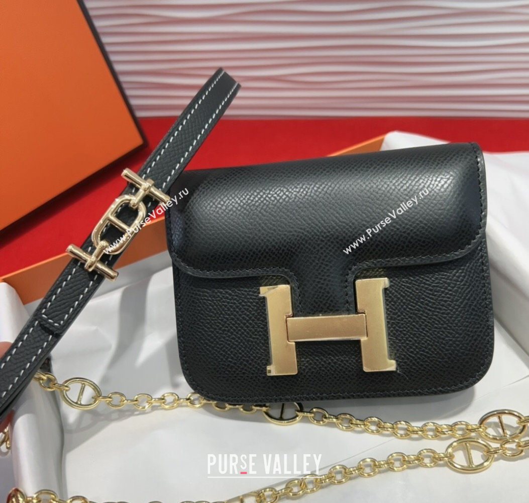 Hermes Constance Slim Pouch Belt 1.5cm in Grained Calfskin with dAncre Buckle Black 2025 H072406 (99-250724146)