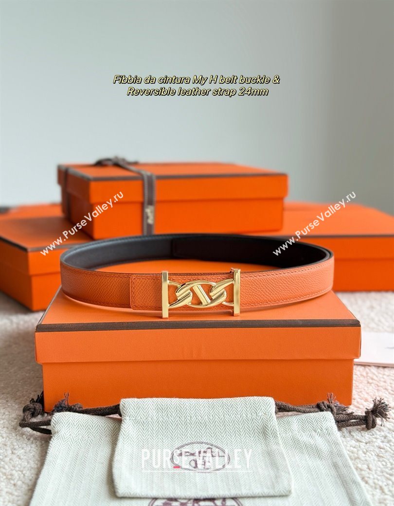 Hermes Fibbia da Cintura My H Belt Buckle Reversible Leather Strap 2.4cm Orange/Black/Gold 2025 (99-250725010)