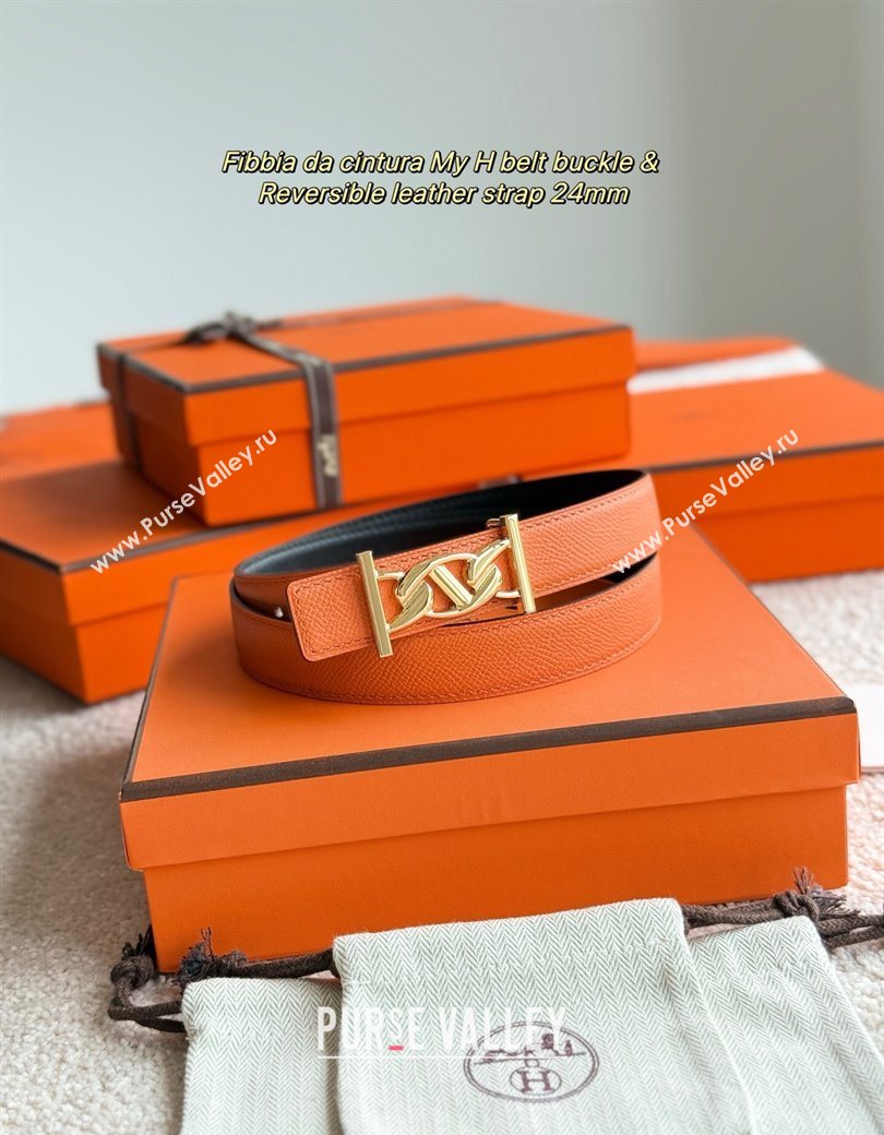 Hermes Fibbia da Cintura My H Belt Buckle Reversible Leather Strap 2.4cm Orange/Black/Gold 2025 (99-250725010)