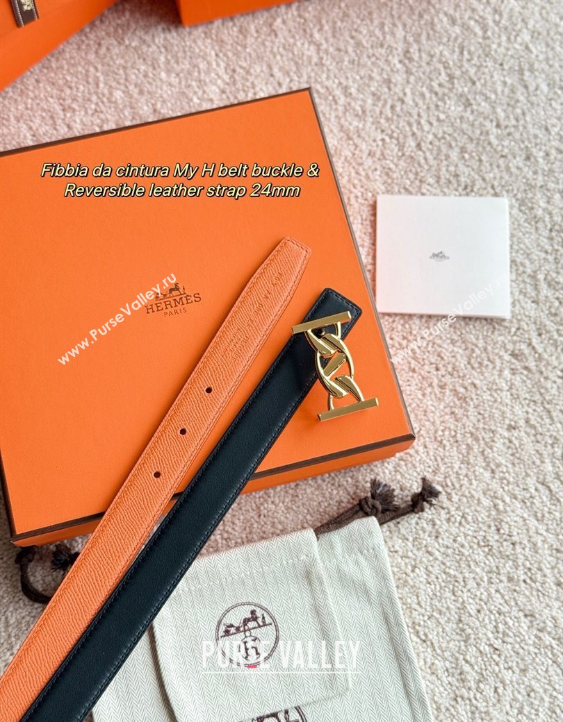 Hermes Fibbia da Cintura My H Belt Buckle Reversible Leather Strap 2.4cm Orange/Black/Gold 2025 (99-250725010)