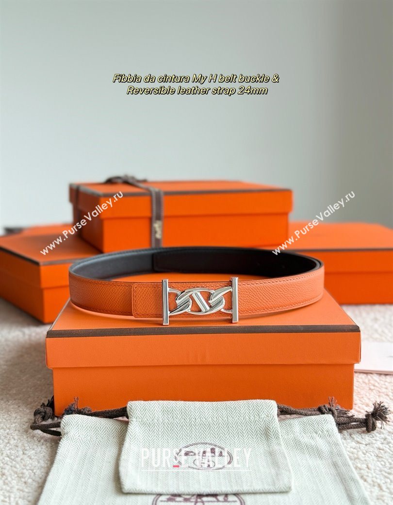 Hermes Fibbia da Cintura My H Belt Buckle Reversible Leather Strap 2.4cm Orange/Black/Silver 2025 (99-250725011)