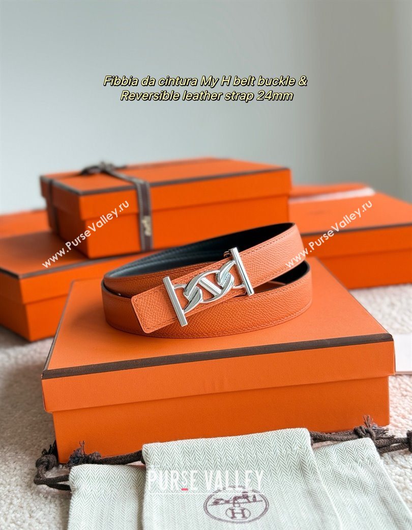 Hermes Fibbia da Cintura My H Belt Buckle Reversible Leather Strap 2.4cm Orange/Black/Silver 2025 (99-250725011)