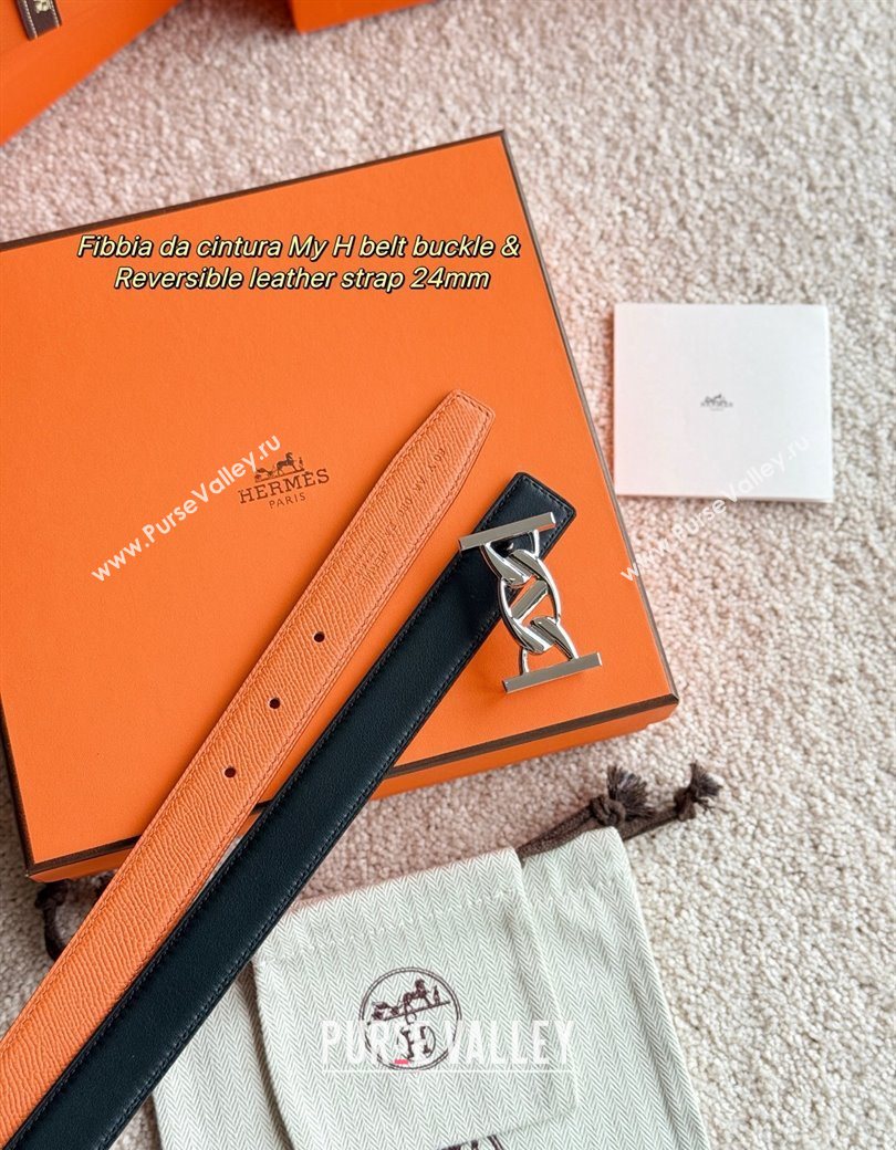 Hermes Fibbia da Cintura My H Belt Buckle Reversible Leather Strap 2.4cm Orange/Black/Silver 2025 (99-250725011)