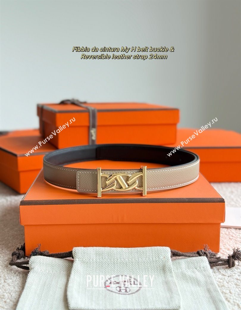 Hermes Fibbia da Cintura My H Belt Buckle Reversible Leather Strap 2.4cm Grey/Black/Gold 2025 (99-250725012)