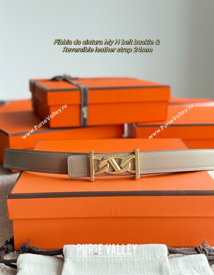 Hermes Fibbia da Cintura My H Belt Buckle Reversible Leather Strap 2.4cm Grey/Black/Gold 2025 (99-250725012)