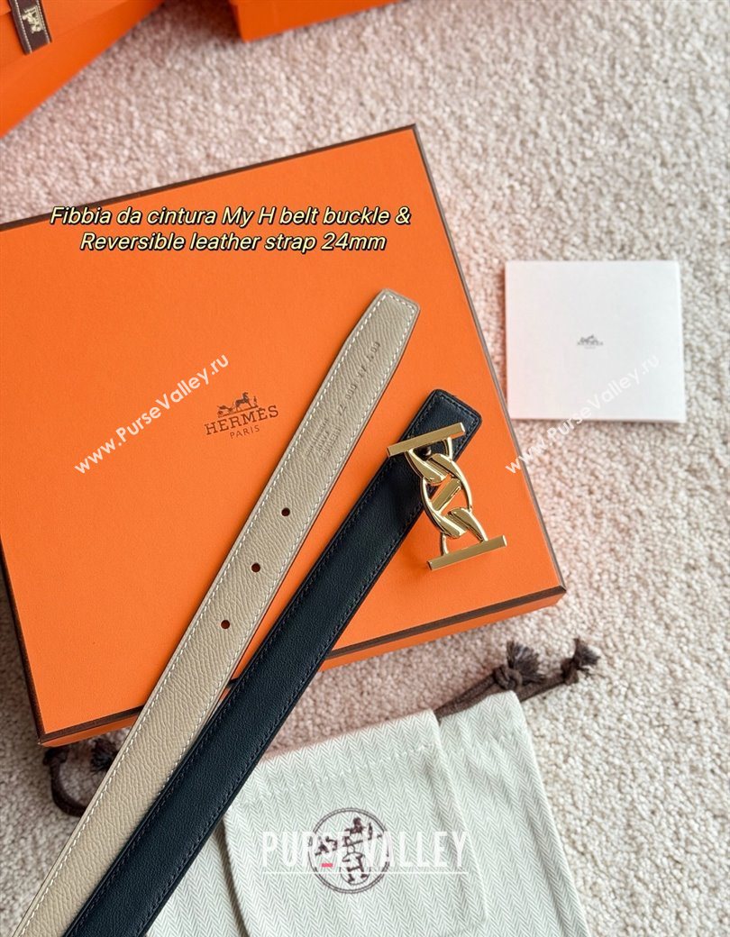 Hermes Fibbia da Cintura My H Belt Buckle Reversible Leather Strap 2.4cm Grey/Black/Gold 2025 (99-250725012)