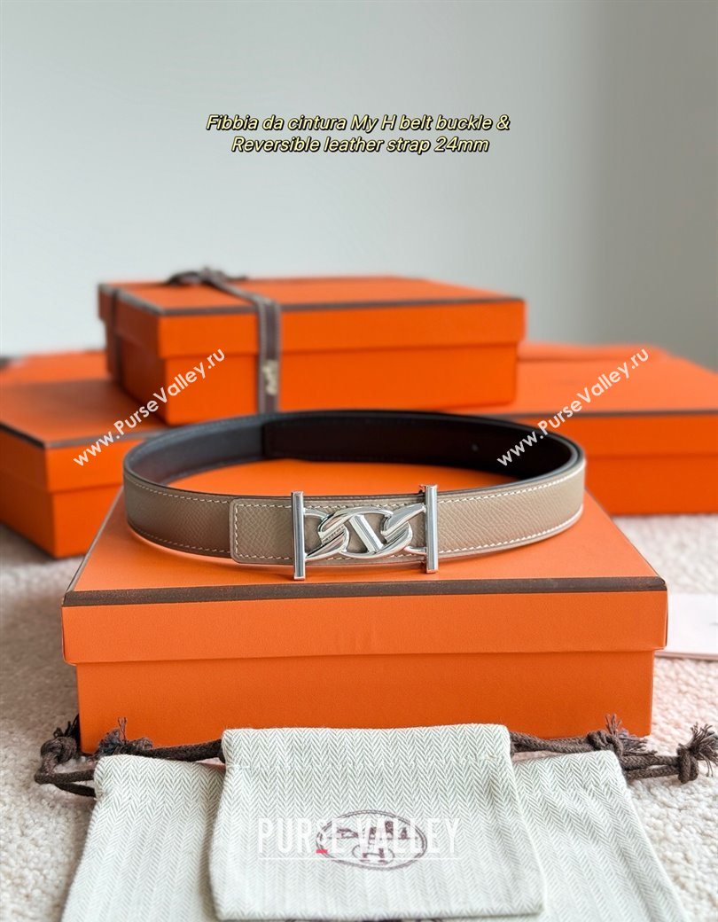 Hermes Fibbia da Cintura My H Belt Buckle Reversible Leather Strap 2.4cm Grey/Black/Silver 2025 (99-250725013)