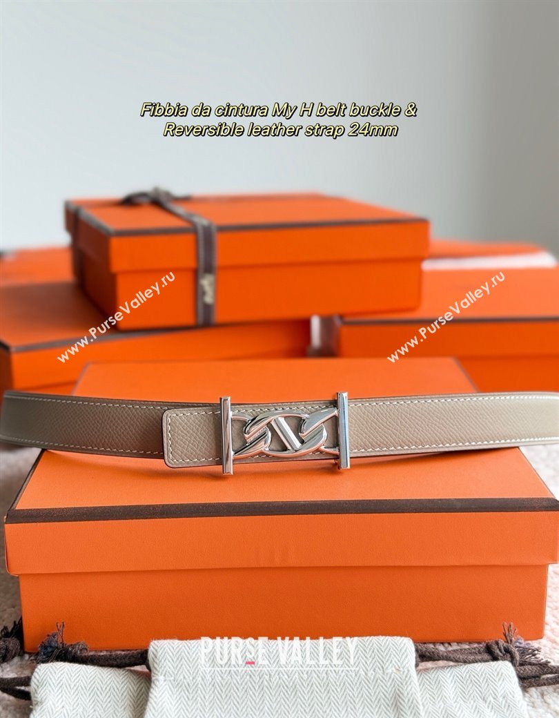 Hermes Fibbia da Cintura My H Belt Buckle Reversible Leather Strap 2.4cm Grey/Black/Silver 2025 (99-250725013)