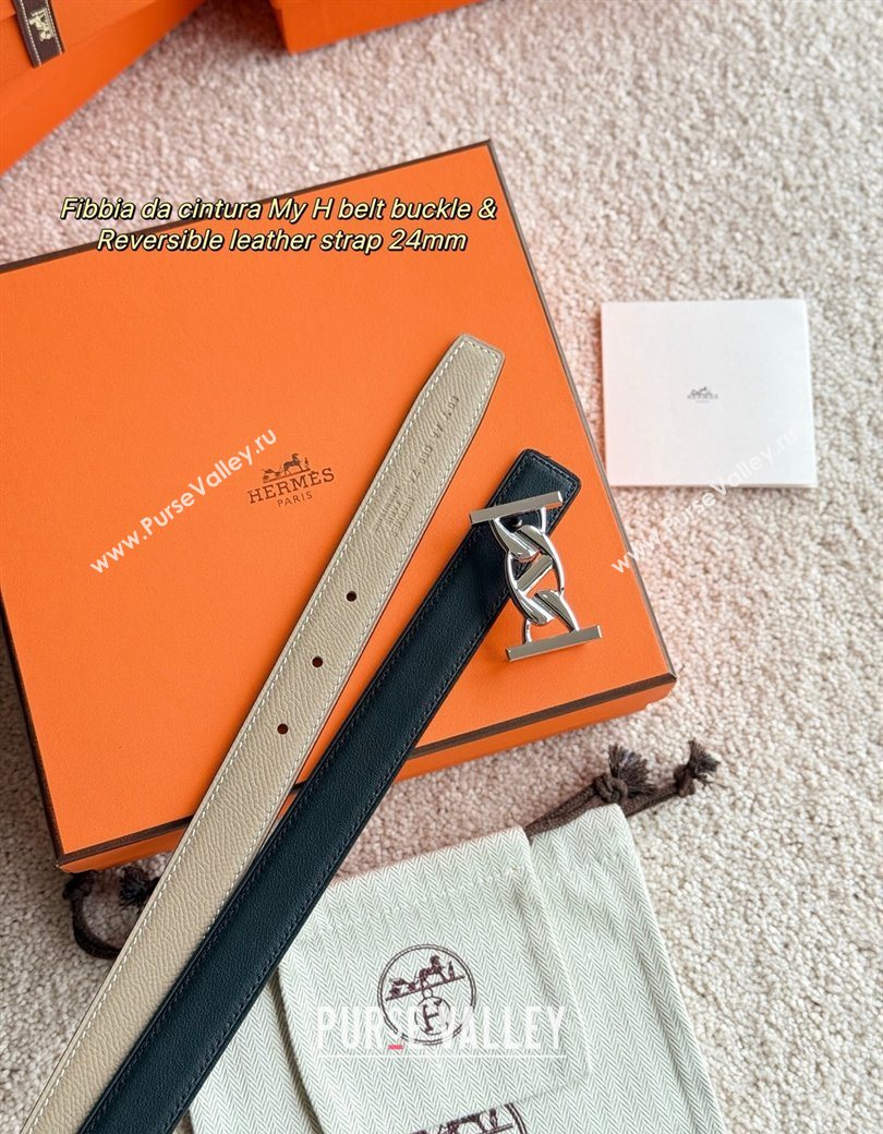 Hermes Fibbia da Cintura My H Belt Buckle Reversible Leather Strap 2.4cm Grey/Black/Silver 2025 (99-250725013)