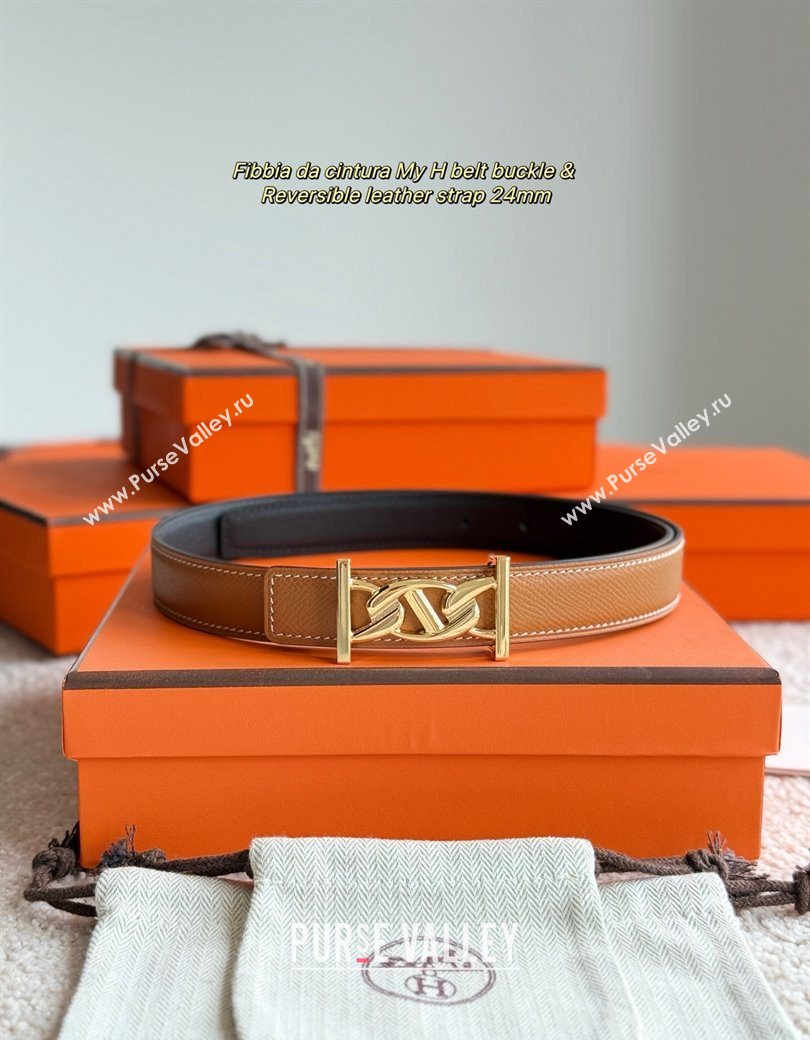 Hermes Fibbia da Cintura My H Belt Buckle Reversible Leather Strap 2.4cm Brown/Black/Gold 2025 (99-250725014)