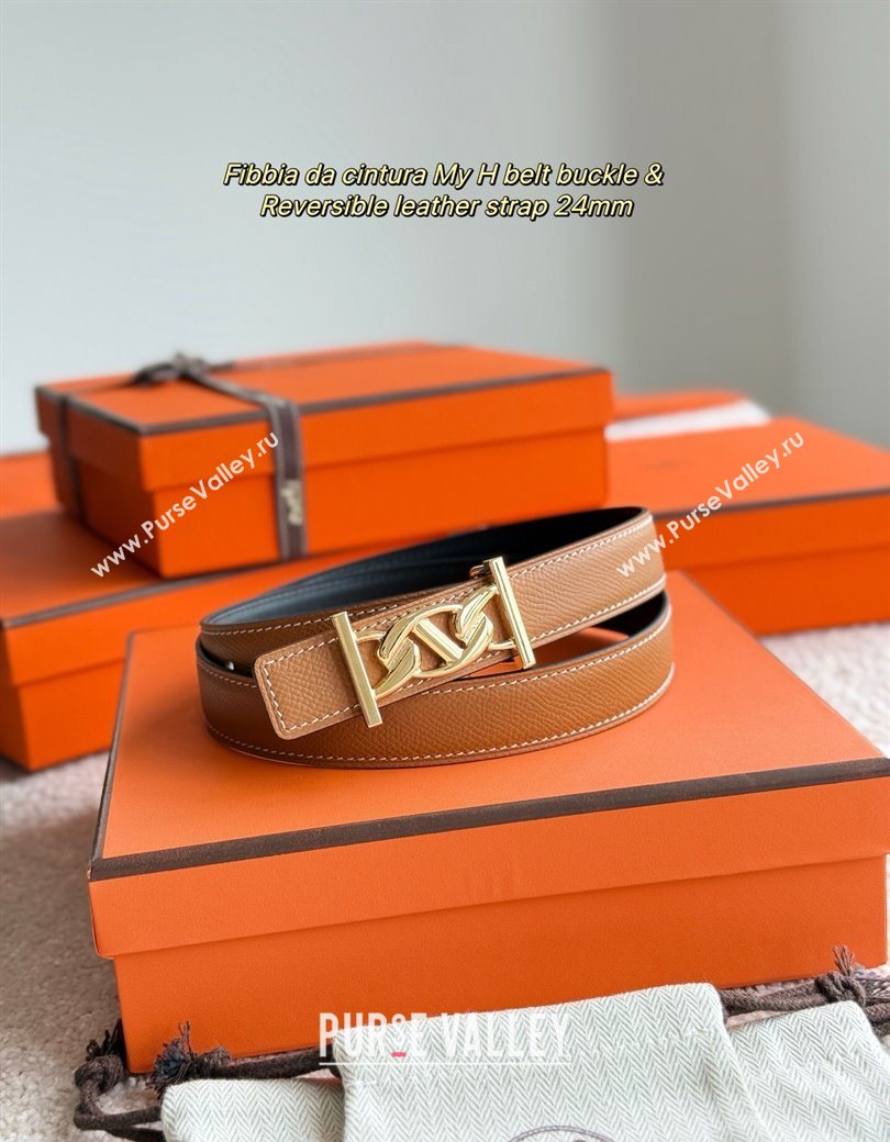 Hermes Fibbia da Cintura My H Belt Buckle Reversible Leather Strap 2.4cm Brown/Black/Gold 2025 (99-250725014)