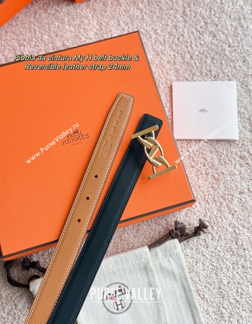 Hermes Fibbia da Cintura My H Belt Buckle Reversible Leather Strap 2.4cm Brown/Black/Gold 2025 (99-250725014)