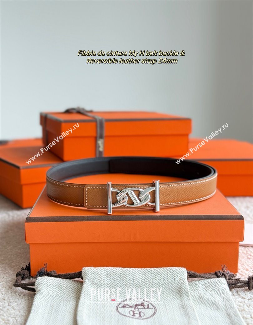 Hermes Fibbia da Cintura My H Belt Buckle Reversible Leather Strap 2.4cm Brown/Black/Silver 2025 (99-250725015)