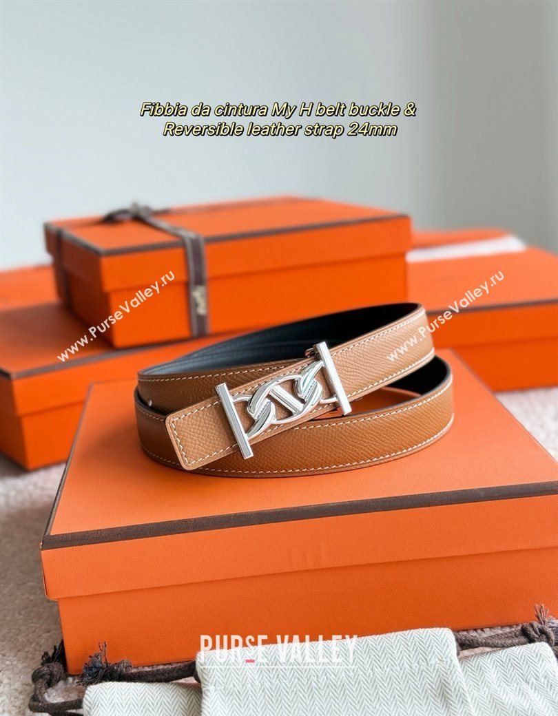 Hermes Fibbia da Cintura My H Belt Buckle Reversible Leather Strap 2.4cm Brown/Black/Silver 2025 (99-250725015)