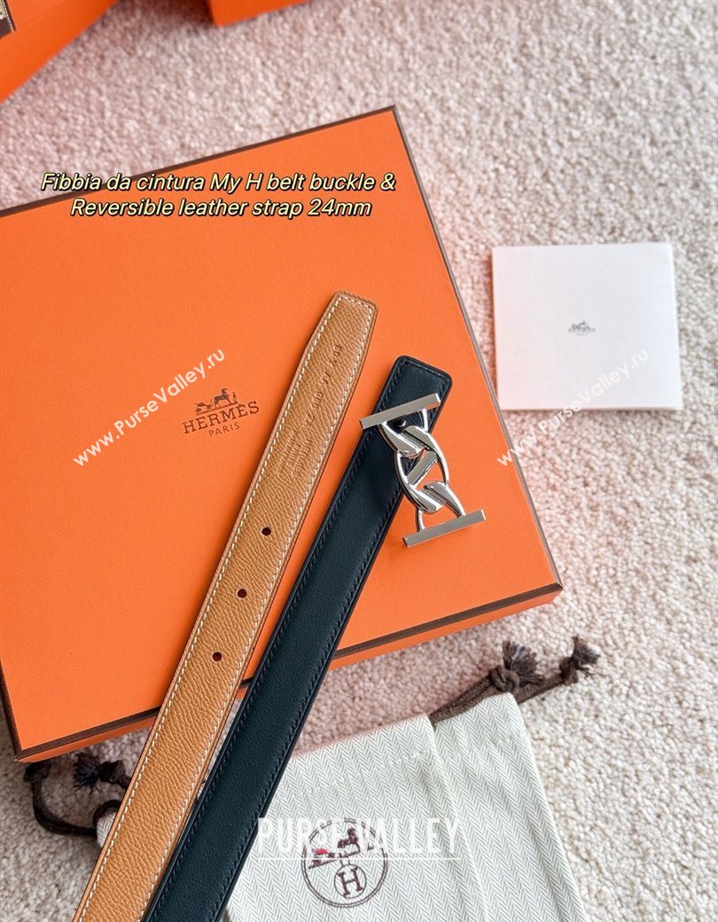 Hermes Fibbia da Cintura My H Belt Buckle Reversible Leather Strap 2.4cm Brown/Black/Silver 2025 (99-250725015)
