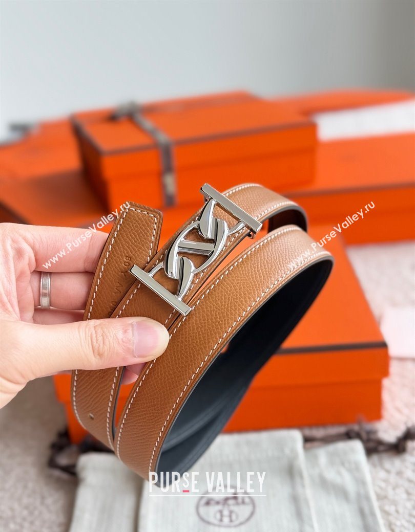 Hermes Fibbia da Cintura My H Belt Buckle Reversible Leather Strap 2.4cm Brown/Black/Silver 2025 (99-250725015)