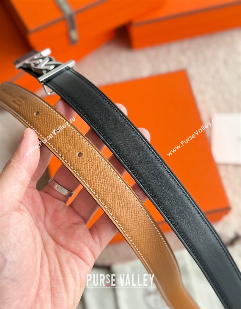 Hermes Fibbia da Cintura My H Belt Buckle Reversible Leather Strap 2.4cm Brown/Black/Silver 2025 (99-250725015)