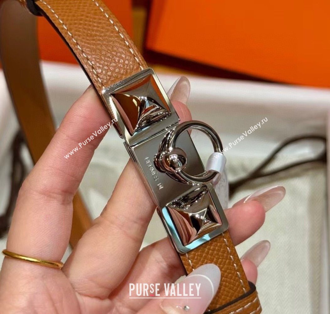 Hermes Womens Rivale Belt 1.8cm with Two Medor Studs and Ring Buckle Brown/Silver 2025 (99-250725030)