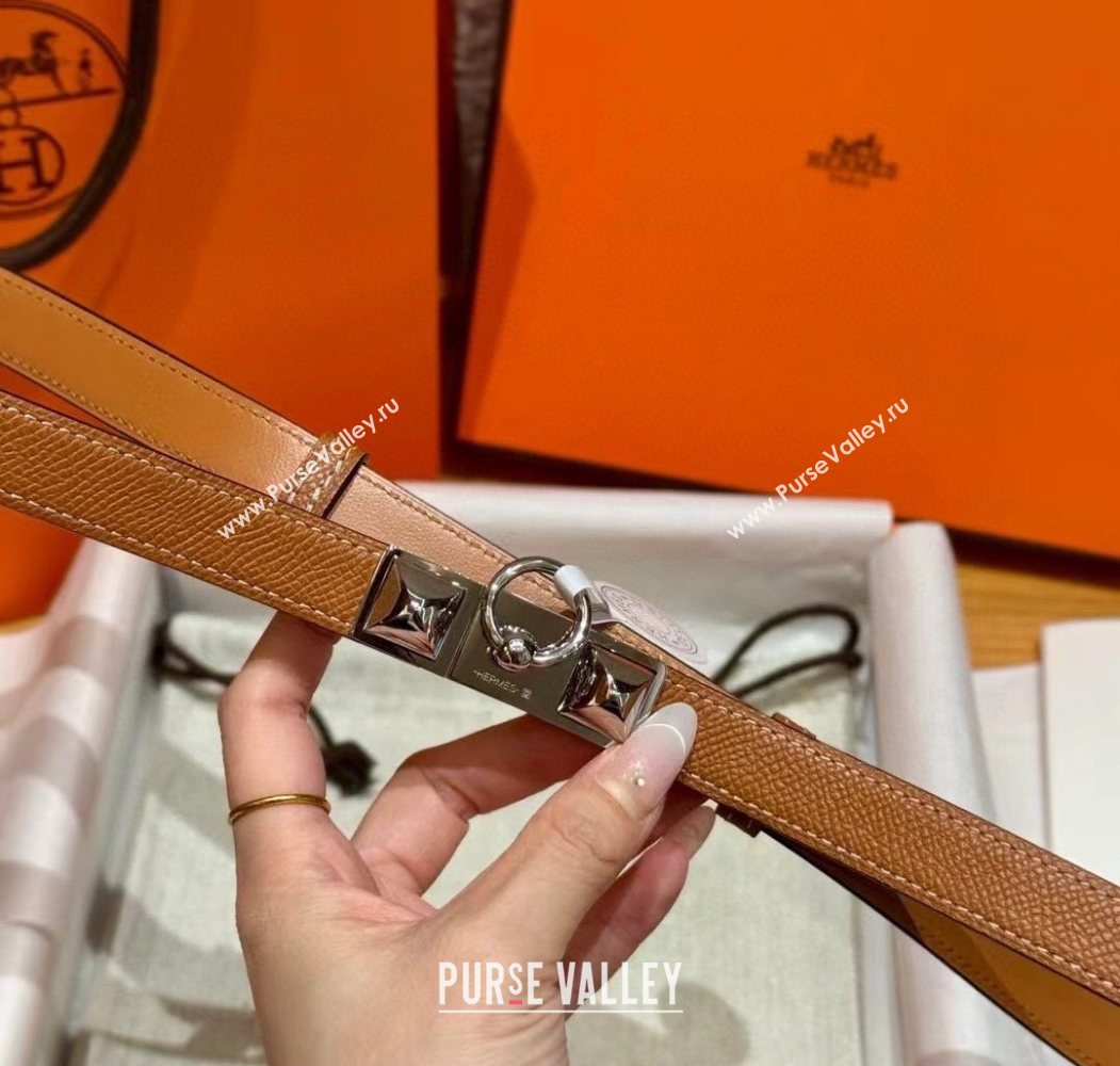 Hermes Womens Rivale Belt 1.8cm with Two Medor Studs and Ring Buckle Brown/Silver 2025 (99-250725030)