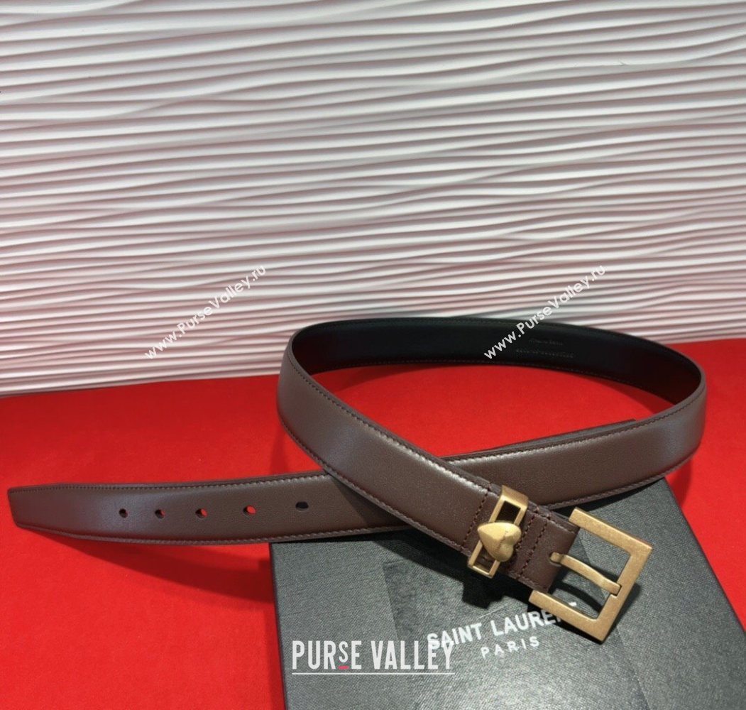 Saint Laurent Calfskin Leather Belt 3cm with Heart Charm Dark Brown/Gold 2025 YSL091201 (99-250912019)