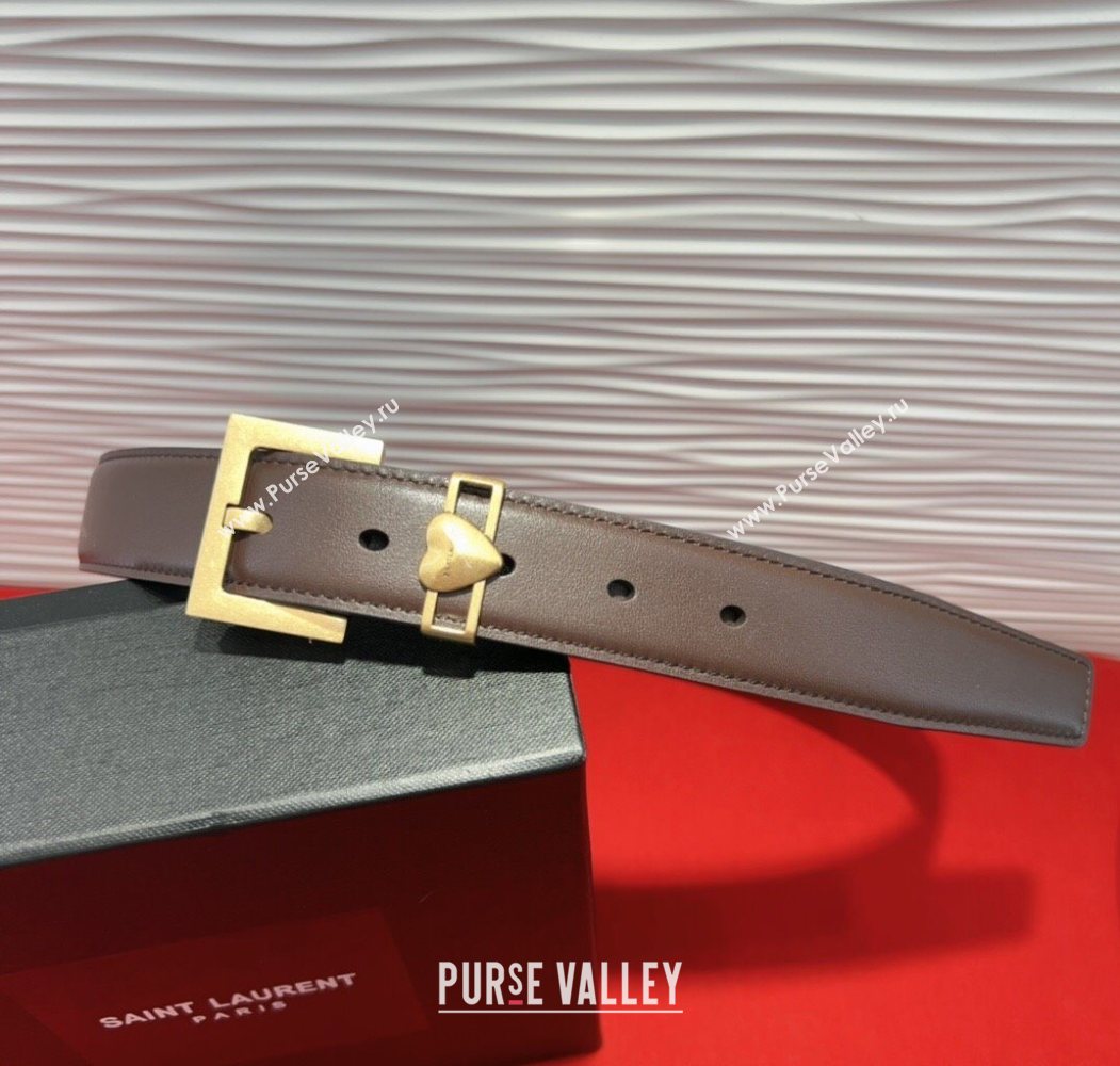 Saint Laurent Calfskin Leather Belt 3cm with Heart Charm Dark Brown/Gold 2025 YSL091201 (99-250912019)