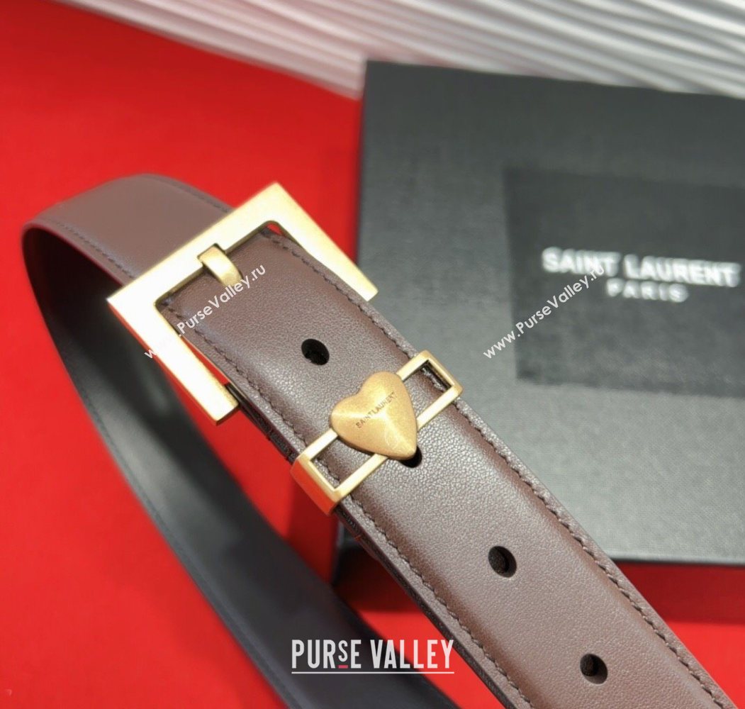 Saint Laurent Calfskin Leather Belt 3cm with Heart Charm Dark Brown/Gold 2025 YSL091201 (99-250912019)