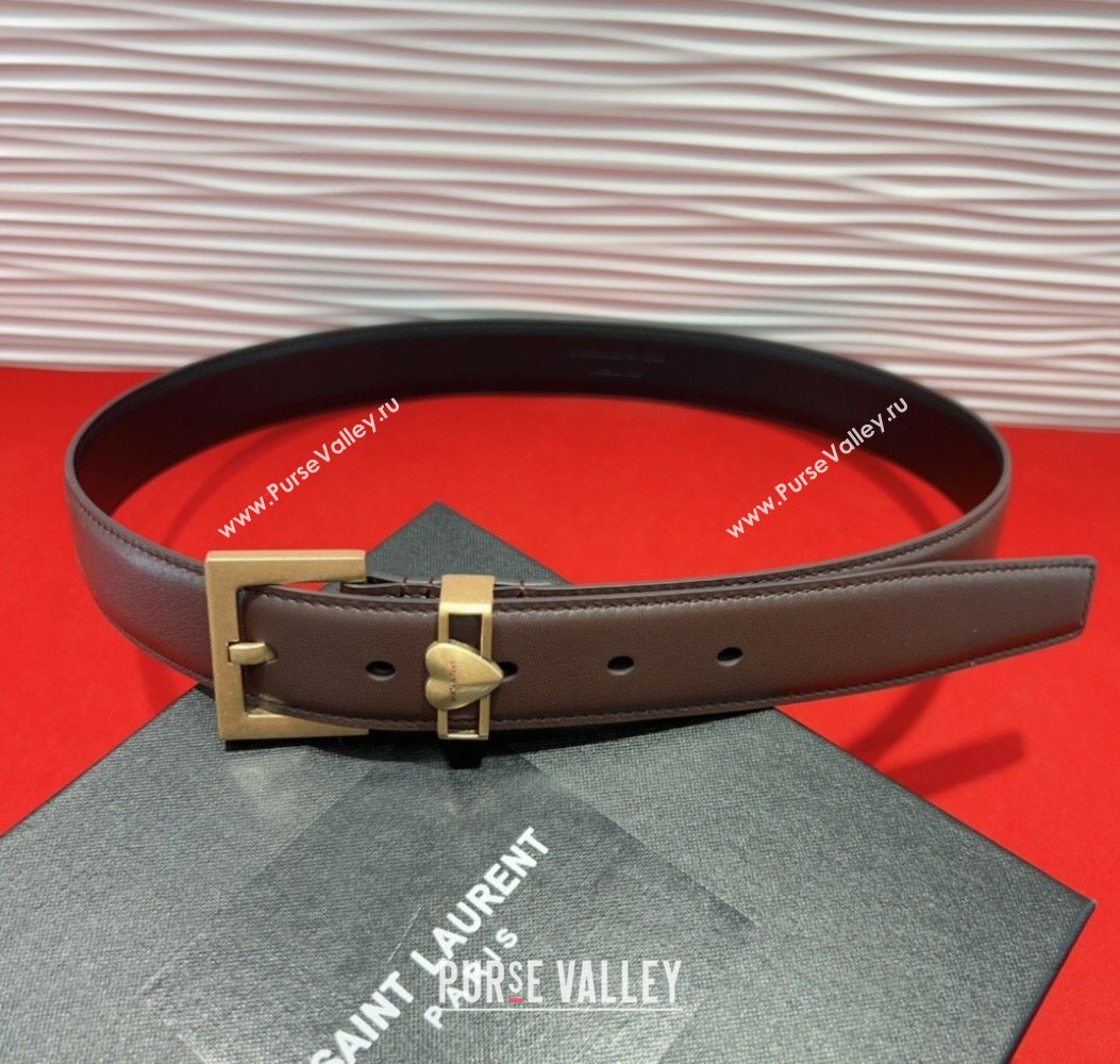 Saint Laurent Calfskin Leather Belt 3cm with Heart Charm Dark Brown/Gold 2025 YSL091201 (99-250912019)