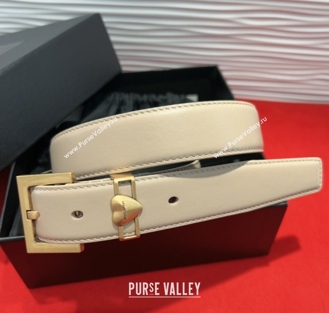 Saint Laurent Calfskin Leather Belt 3cm with Heart Charm Beige/Gold 2025 YSL091201 (99-250912020)
