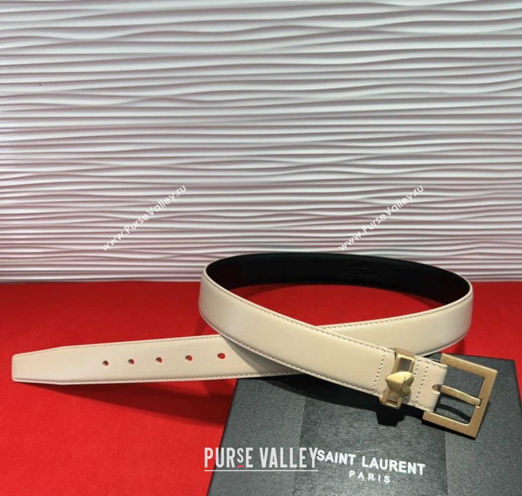 Saint Laurent Calfskin Leather Belt 3cm with Heart Charm Beige/Gold 2025 YSL091201 (99-250912020)