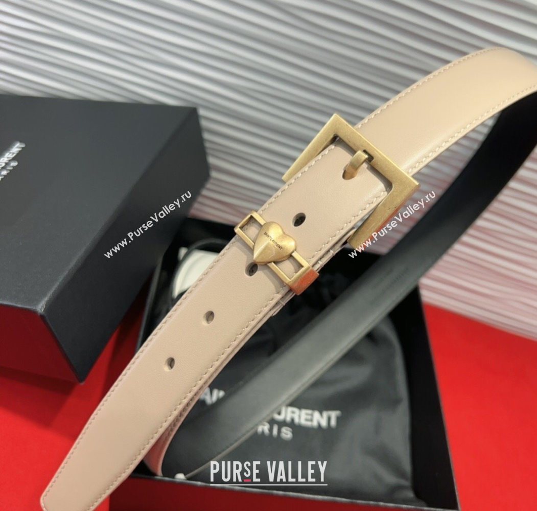 Saint Laurent Calfskin Leather Belt 3cm with Heart Charm Beige/Gold 2025 YSL091201 (99-250912020)