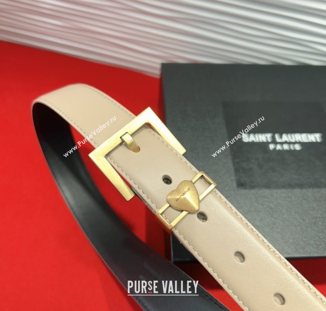 Saint Laurent Calfskin Leather Belt 3cm with Heart Charm Beige/Gold 2025 YSL091201 (99-250912020)
