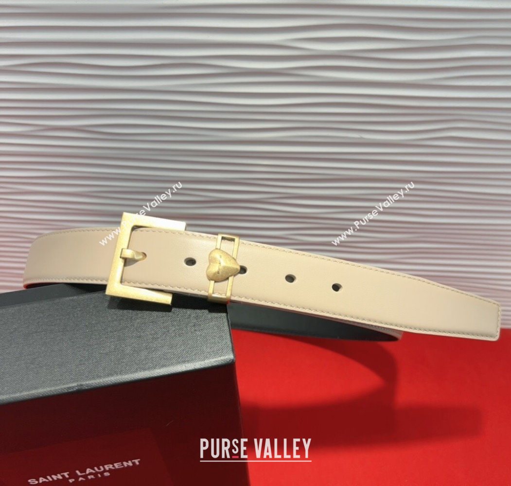 Saint Laurent Calfskin Leather Belt 3cm with Heart Charm Beige/Gold 2025 YSL091201 (99-250912020)