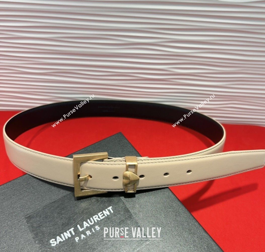 Saint Laurent Calfskin Leather Belt 3cm with Heart Charm Beige/Gold 2025 YSL091201 (99-250912020)