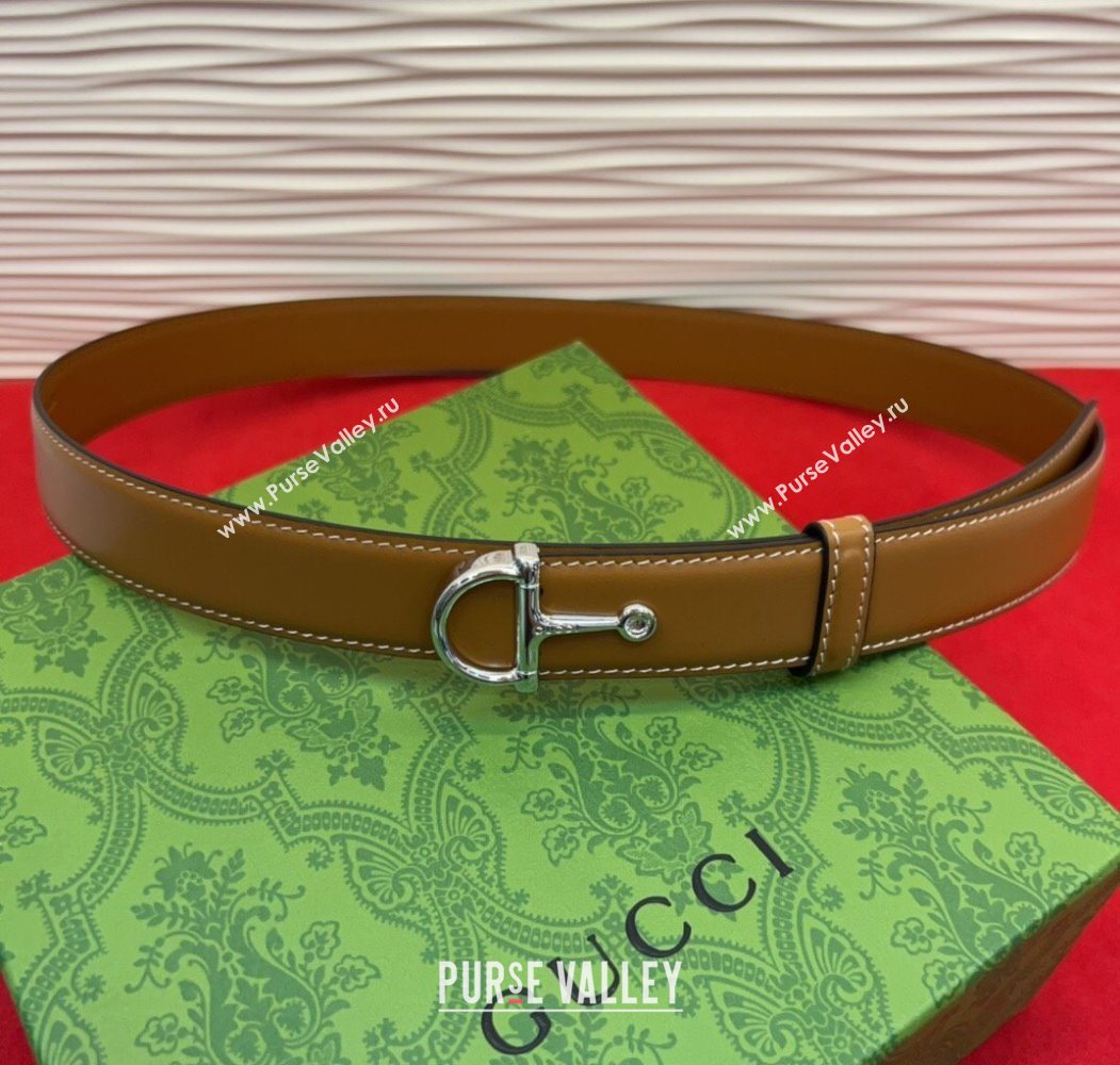 Gucci Thin Belt 2.5cm with Half-Horsebit Buckle in Leather Brown/Silver 2025 0912 (99-250912127)