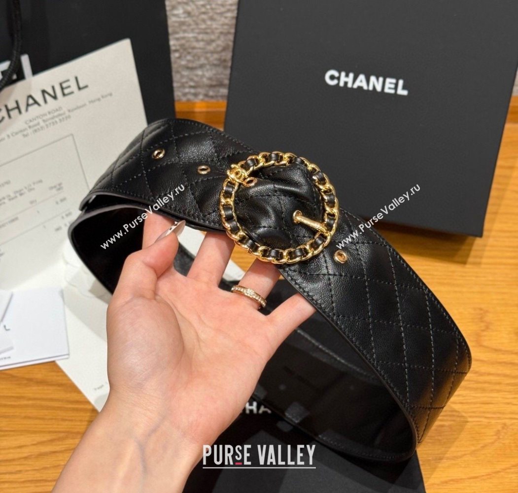 Chanel Quilted Calfskin Leather Belt with Chain Buckle 6.5cm Black 2025 CH091203 (99-250912008)