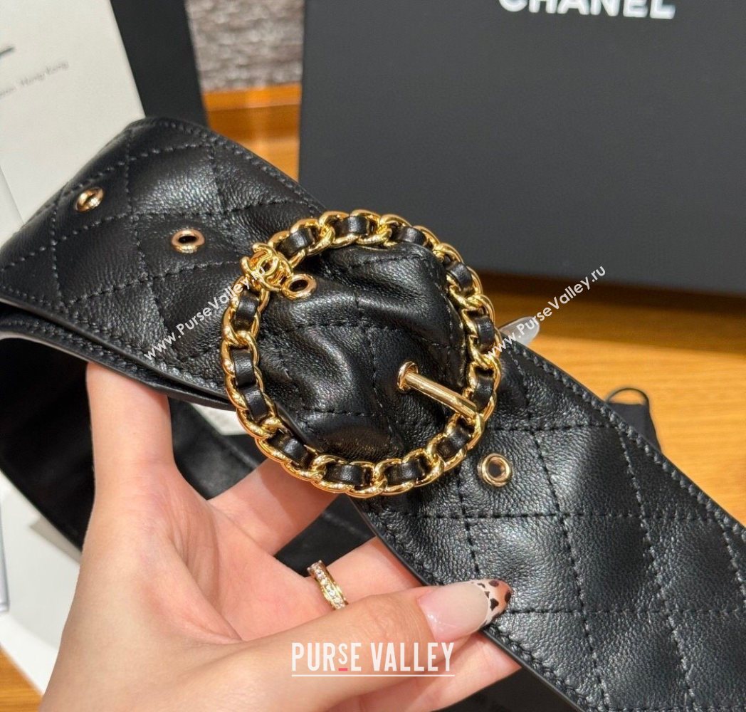 Chanel Quilted Calfskin Leather Belt with Chain Buckle 6.5cm Black 2025 CH091203 (99-250912008)