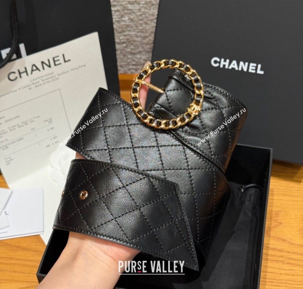 Chanel Quilted Calfskin Leather Belt with Chain Buckle 6.5cm Black 2025 CH091203 (99-250912008)