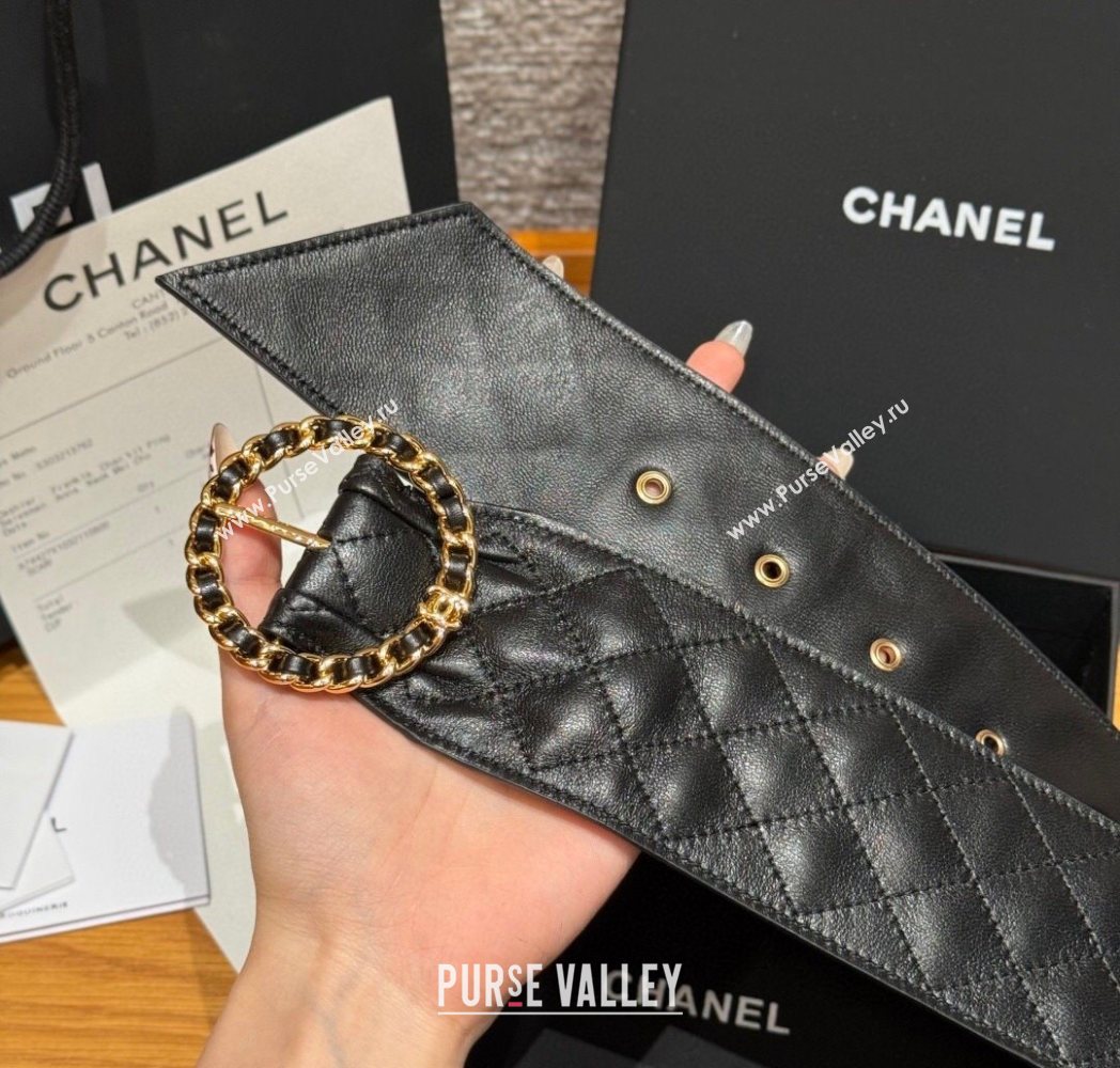 Chanel Quilted Calfskin Leather Belt with Chain Buckle 6.5cm Black 2025 CH091203 (99-250912008)