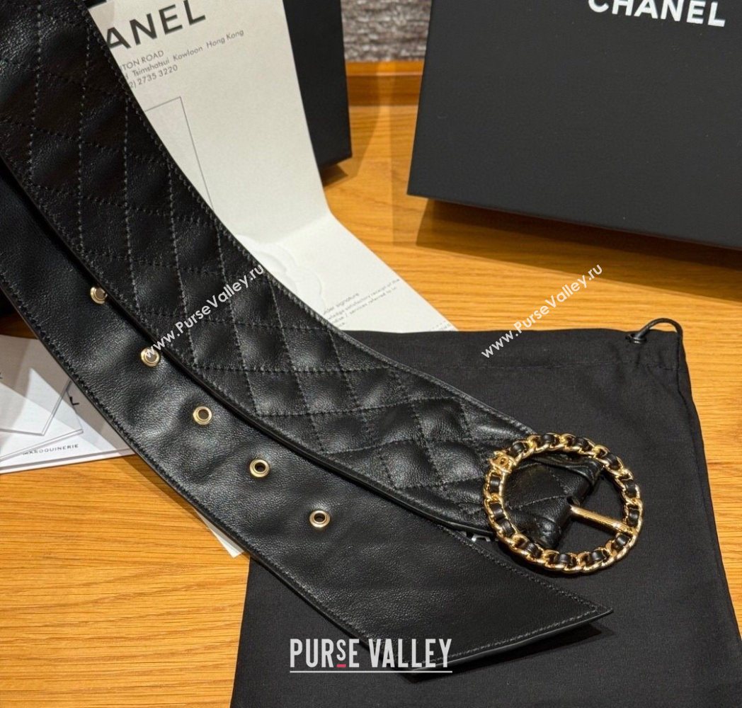 Chanel Quilted Calfskin Leather Belt with Chain Buckle 6.5cm Black 2025 CH091203 (99-250912008)