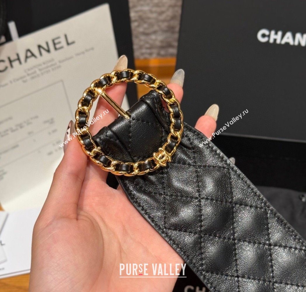 Chanel Quilted Calfskin Leather Belt with Chain Buckle 6.5cm Black 2025 CH091203 (99-250912008)