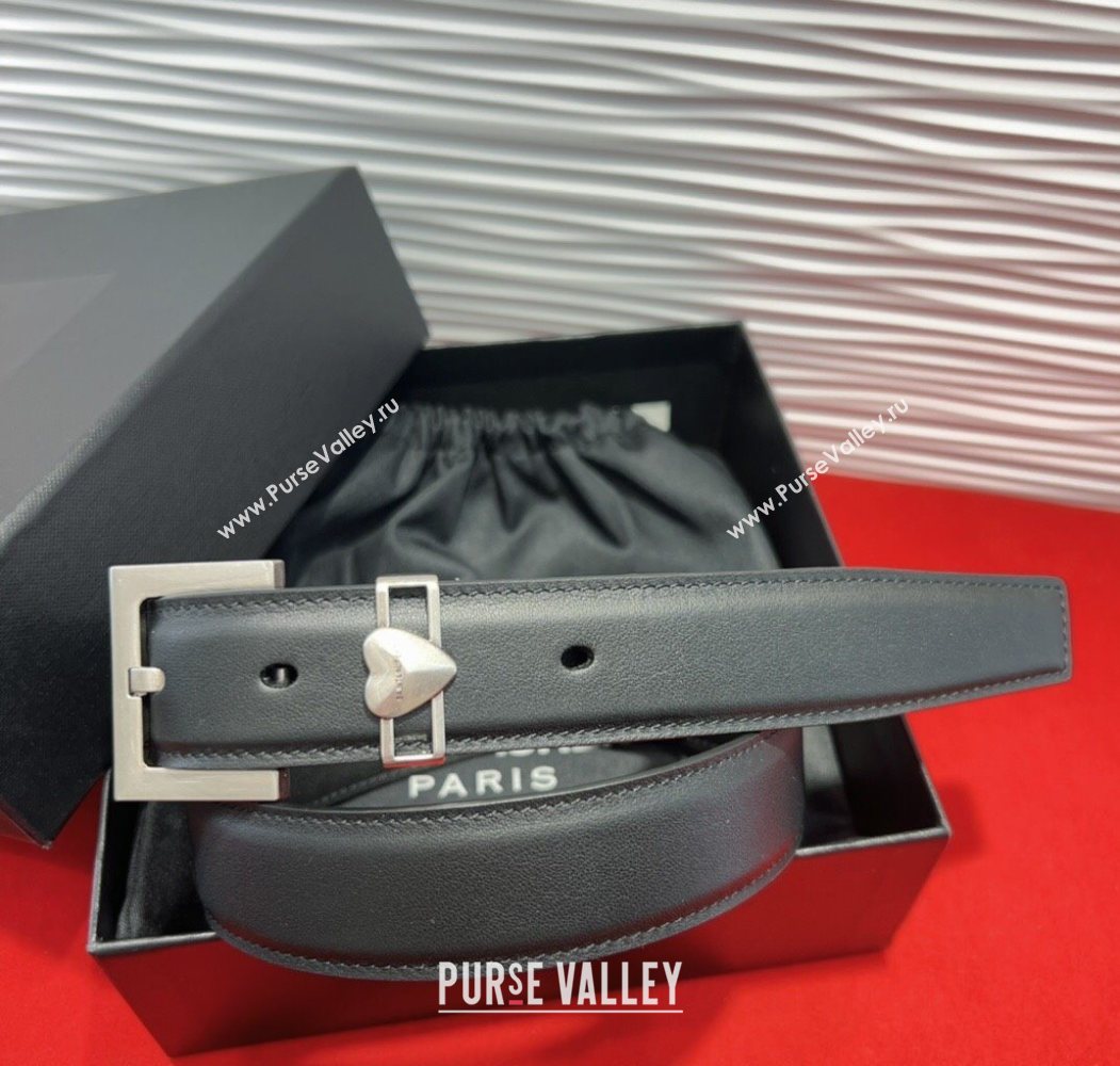 Saint Laurent Calfskin Leather Belt 3cm with Heart Charm Black/Silver 2025 YSL091201 (99-250912022)