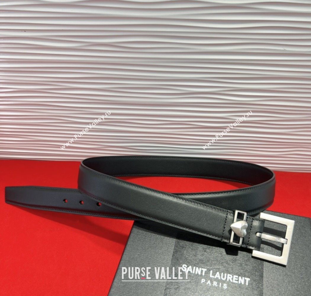 Saint Laurent Calfskin Leather Belt 3cm with Heart Charm Black/Silver 2025 YSL091201 (99-250912022)