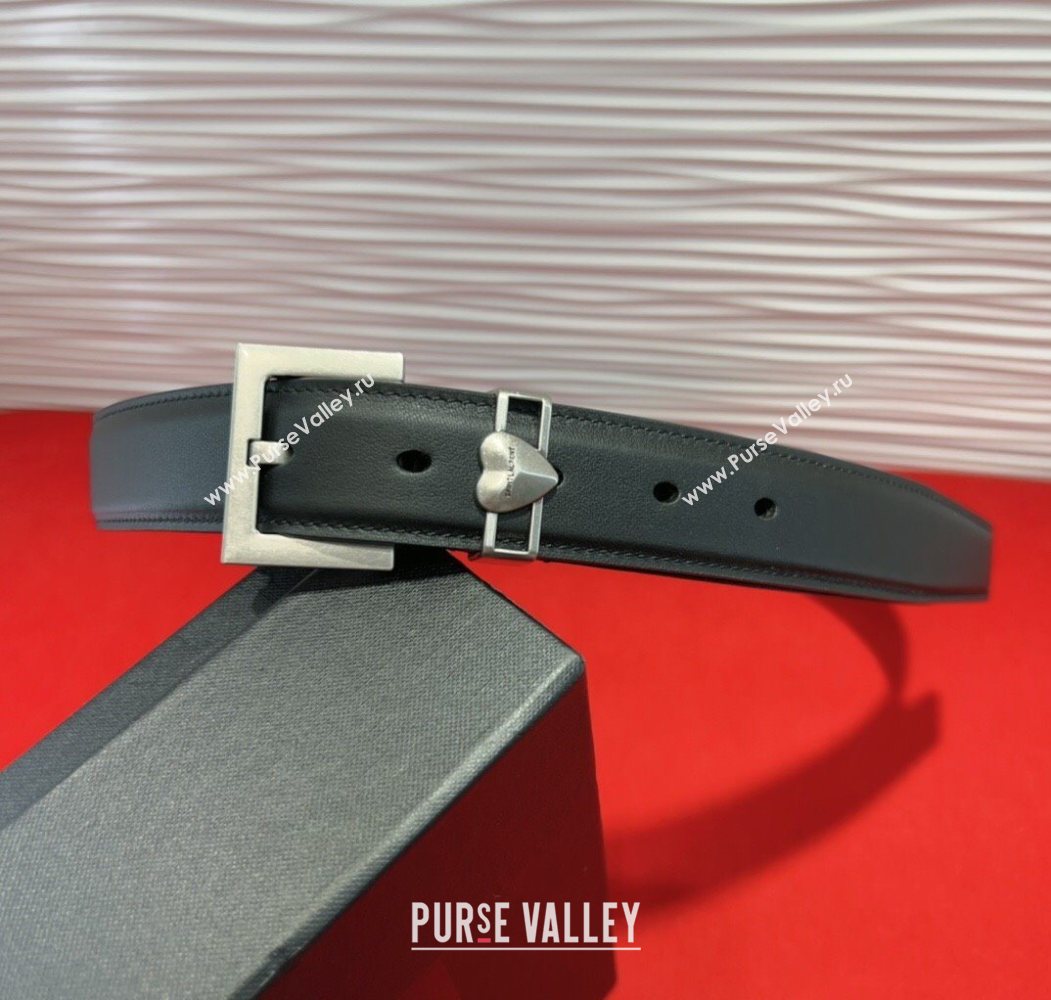 Saint Laurent Calfskin Leather Belt 3cm with Heart Charm Black/Silver 2025 YSL091201 (99-250912022)