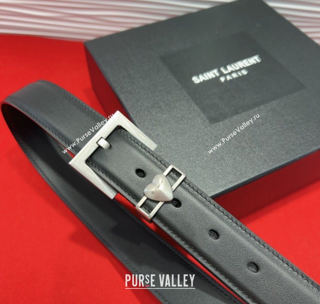 Saint Laurent Calfskin Leather Belt 3cm with Heart Charm Black/Silver 2025 YSL091201 (99-250912022)