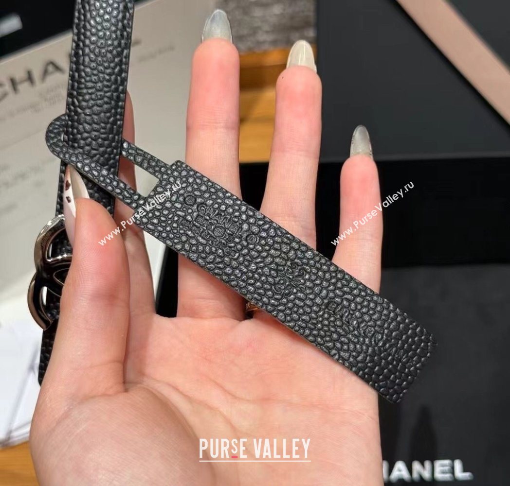 Chanel Grained Calfskin Leather Belt 1.5cm with CC Buckle Black/Silver 2025 CH091106 (99-250911141)